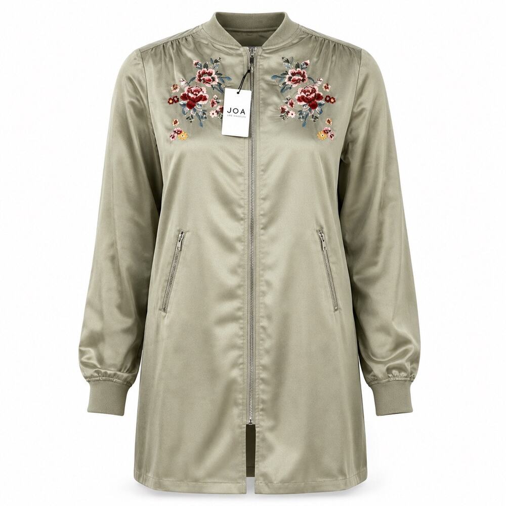 J.O.A. Floral Embroidered Longline Satin Bomber Jacket Olive Boho NWT